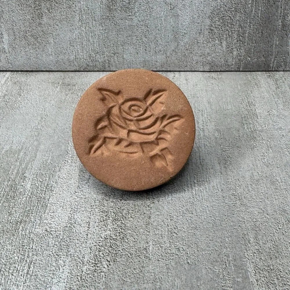 Vintage Ceramic Terracotta Blue Glaze Cookie Press Stamp Rose Floral 2